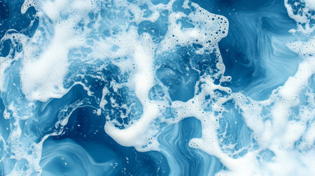 Abstract Swirling Liquid Surface with Aqua Waves and Foam in Dynamic Motion, Top View Marble Textureの素材