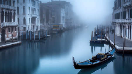 Serene Morning in Venice, Misty Canals Reflecting Iconic Architecture and Gondolas at Dawnの素材
