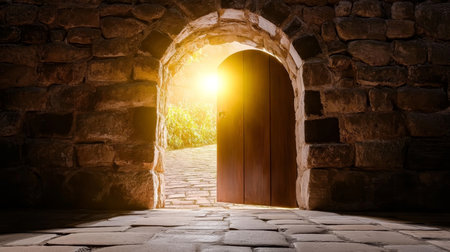 Ancient Stone Corridor Leading to a Mysterious Doorway Bathed in Sunlight and Adventure Aheadの素材