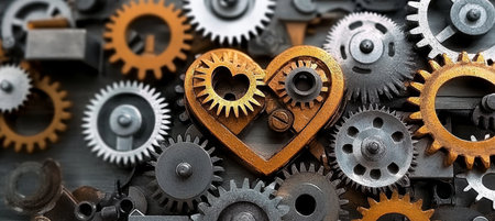Intricate Heart-Shaped Gear System with Interlocking Cogs, Symbolizing Unique Engineering Conceptsの素材