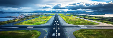 Stunning Panoramic Aerial View of Airport Runway Surrounded by Lush Greenery and Overcast Gray Skiesの素材