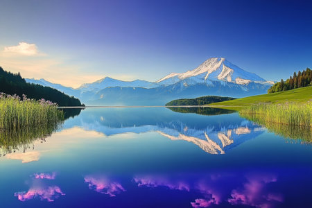 Stunning Sunset Over Majestic Mountains and Reflections in a Serene Crystal Clear Lake Waterの素材