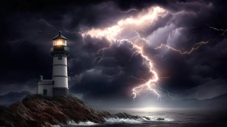 Majestic Lighthouse Standing Tall Against the Stormy Night Sky, Guiding Ships to Safety at Seaの素材