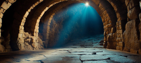 Dramatic Archway Entrance with Textured Masonry Elements Leading to a Mystical Underground Passageの素材