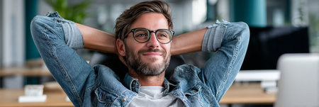 Relaxing Office Moments A Calm Man Leaning Back on His Swivel Chair After a Productive Dayの素材