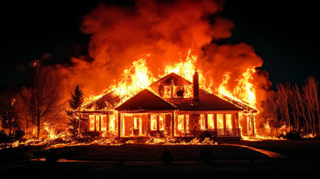 Devastating House Fire Engulfs Home, Intense Flames Illuminate Night Sky, Destruction Followsの素材