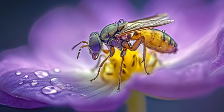 Macro View of an Insect Collecting Pollen on a Vibrant Purple Flower, Celebrating Nature s Beautyの素材
