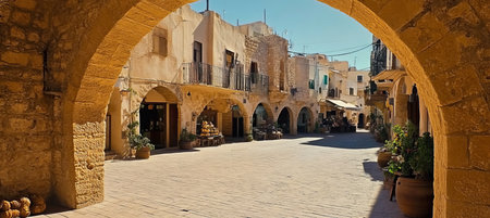 Sunlit passageway in Malta s historic old town featuring vibrant architecture and inviting charm.の素材