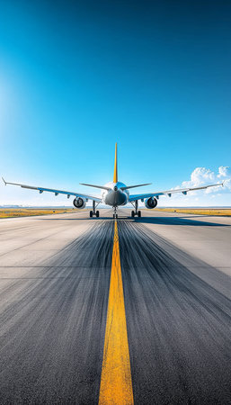 Airplane on Runway Awaiting Clearance with Yellow Direction Lines for Safe Takeoff and Landingの素材