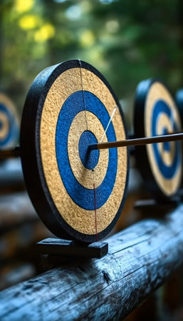 Archery Target with Arrow Perfectly Aimed at Bullseye, Symbolizing Precision and Goal Achievementの素材