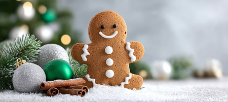 Joyful Smiling Gingerbread Man Cookie Surrounded by Christmas Tree and Colorful Ornaments Decorの素材