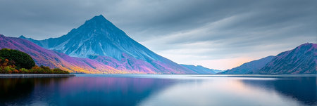 Breathtaking view of majestic mountains reflecting in a tranquil lake, showcasing nature s beauty.の素材