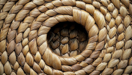 Textured Woven Straw Close-Up with Interlaced Mat Detail and Circular Pattern Design, Copy Spaceの素材