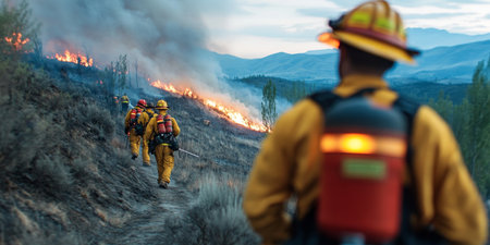 Firefighters Brave the Elements to Battle a Massive Wildland Fire in Rugged Hills, Protecting Lives.の素材