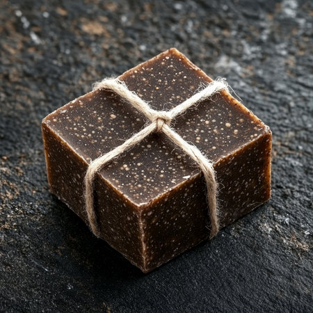 Detailed Close-Up of Dark Brown Cubic Homemade Soap Tied with Twine on Textured Surfaceの素材