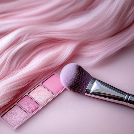 Elegant Pink Cosmetic Arrangement Featuring a Stunning Powder Eyeshadow Palette and Applicatorの素材