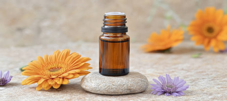 Amber Essence Oil Bottle with Botanical Aroma and Floral Arrangement for Relaxation and Scentの素材