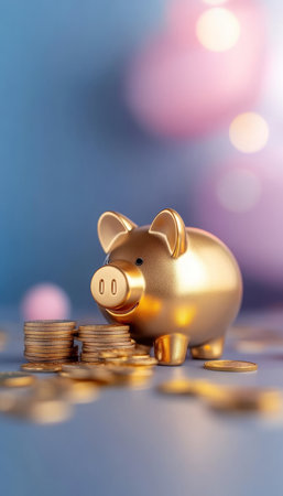 Golden Saving Concept Piggy Bank Symbolizing Financial Savings and Coins for Future Investmentsの素材