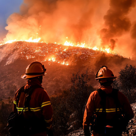 Firefighters Courageously Battling Intense Wildfire on Deforested Hill Amidst Danger and Flamesの素材