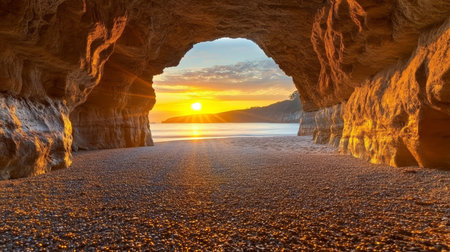 Breathtaking Sunset Glow Through Ancient Stone Arch on Secluded Beach with Shimmering Wavesの素材