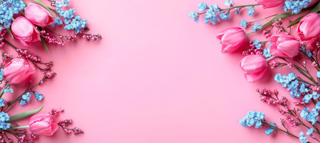 Spring Blooms Backdrop Featuring Delicate Pink Tulips and Soft Pastel Petals with Blue Accentsの素材