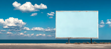 Empty Advertising Billboard Near the Sea Horizon Under a Bright Blue Sky with White Cloudsの素材