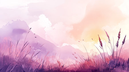 Tranquil Watercolor Meadow Scene with Wildflowers, Soft Colors and Nature s Serenity in Bloomの素材