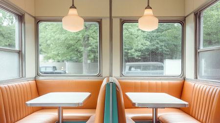Charming Vintage Diner Booth Interior with Bright Lighting, Classic Design, and Retro Atmosphereの素材