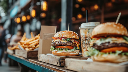 Deliciously stacked savory burgers alongside refreshing drinks and crispy sides for a perfect mealの素材