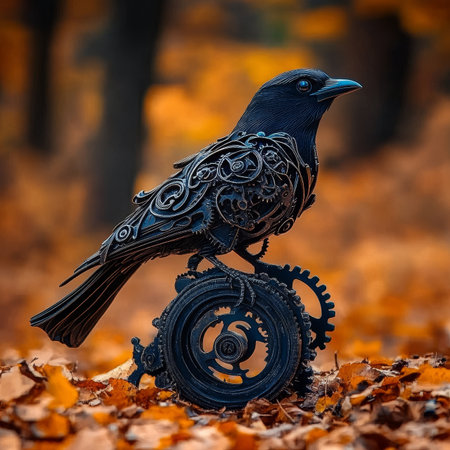 Steampunk Raven Perched on Intricate Gears Surrounded by Autumn Leaves in a Magical Park Settingの素材