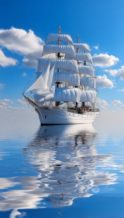 Majestic Tall Ship with Multiple Masts Gliding Across Serene Waters Under a Bright Blue Skyの素材