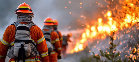 Brave firefighters battling a fierce wildfire in a dense forest, risking their lives to save nature.の素材