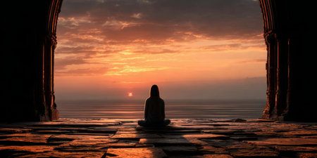 Solitary Silhouette of a Meditative Figure by an Ancient Doorframe at Sunset on a Serene Coastlineの素材