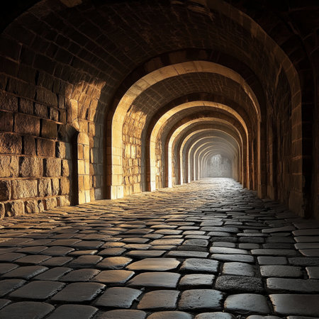 Mysterious Ancient Stone Tunnel with Arches and Cobblestone Floor, Dark Interior, and Light Beamの素材
