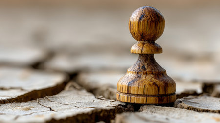 Isolated Wooden Chess Pawn on Cracked Earth Surface Symbolizing Strategic Challenges in Droughtの素材