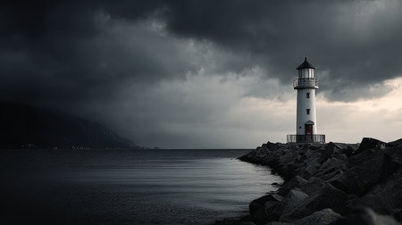 Majestic Lighthouse Standing Tall Against Raging Storm with Waves Crashing on Rocky Coastline.の素材