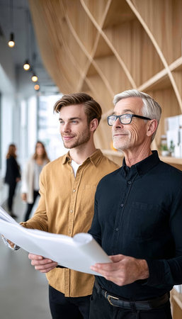 Male architects collaborating on modern interiors, reviewing blueprints and discussing designs.の素材