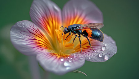 Vibrant close-up of exotic open flower petals with a bright wasp pollinator and dew dropsの素材