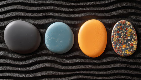 Colorful Stones Aligned in a Zen Garden with Black Sand and Calming Wavy Background Designの素材