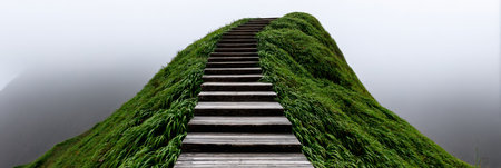 Scenic Stone Steps Leading Up to a Misty Summit Surrounded by Lush Greenery and Rolling Hillsの素材