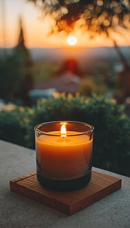 Burning Candle in Transparent Glass on Wooden Coaster, Beautiful Golden Sunset and Cozy Ambianceの素材