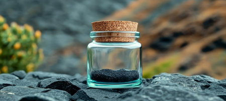 Square Glass Bottle with Black Dirt Surrounded by Aromatic Herbs and Bathed in Natural Lightの素材