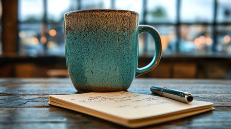 Cozy Creative Workspace with a Coffee Cup, Open Notepad, and a Stylish Pen on Rustic Wooden Tableの素材