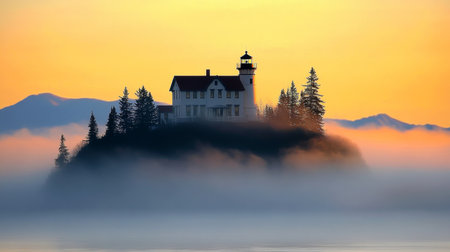 Stunning Sunrise Over Coastal Lighthouse Surrounded by Islands and Misty Fog, Nature s Tranquilityの素材