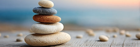 Tranquil Serenity Stone Sculpture Tower Balancing on Serene Beach for Meditation and Relaxationの素材