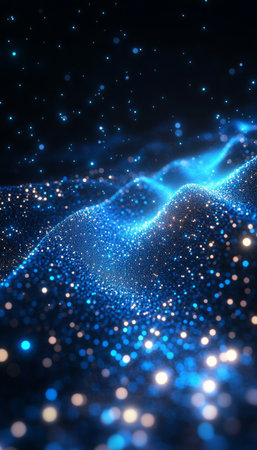 Vibrant Abstract Digital Landscape with Electric Blue Wave Network and Detailed Connection Pointsの素材