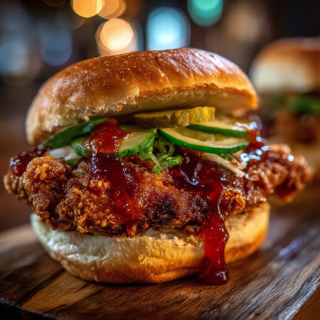 Mouthwatering Spicy Chicken Sandwich on Brioche Bun with Crunchy Pickles and Flavorful Sauceの素材