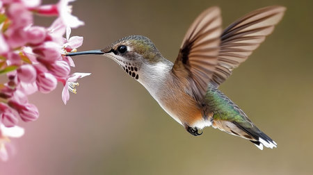 Hummingbird Delight Vibrant Tiny Bird Sipping Nectar from Beautiful Pink Flowers in a Lush Gardenの素材