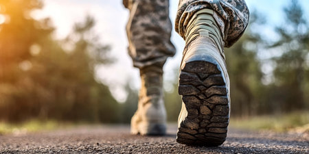 Dedicated Military Personnel on a Mission Boots on the Path Showcasing Army Life and Determinationの素材