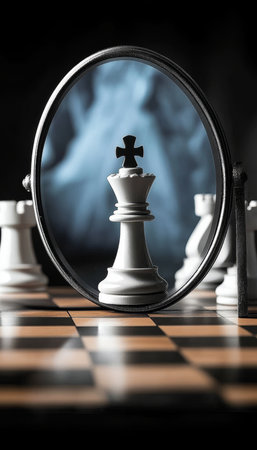 Reflective Round Mirror Illuminating Chess Game Pieces, Symbolizing Aspirations and Achieving Goalsの素材